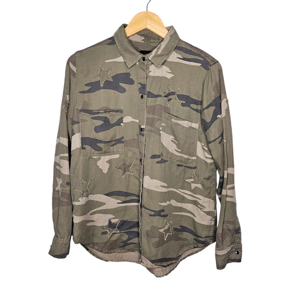 RAILS Marcel Jacket Sage Green Camo Stars S Snap Closure Shacket Tencel Linen